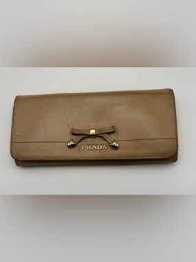 Prada Continental Wallet Calf Leather Tan Beige Gold Hardware Smooth Bow Genuine